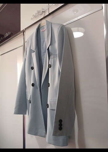 m Beden Düğmeli Gri bebe mavisi gibi Kadın Blazer Ceket