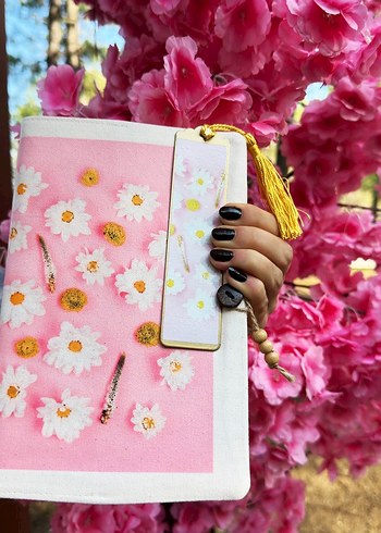 Pembe Pastel Çiçekli kitap kılıfı ve Ayracı - Görsel 2
