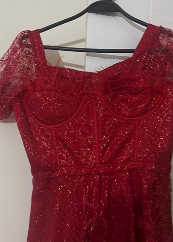 Abiye Bordo Dantel Kısa Kollu Midi Abiye Elbise