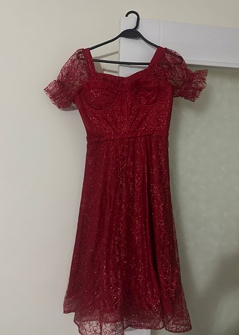 Bordo Dantel Kısa Kollu Midi Abiye Elbise