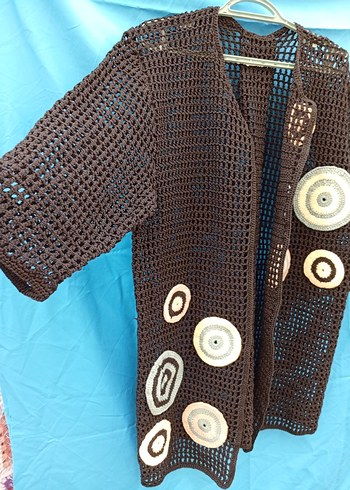 Uzun siyah, renkli motif detaylı Örgü Kadın Hırka - Görsel 2