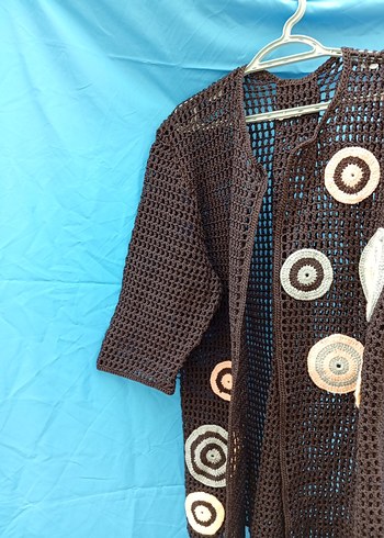 Uzun siyah, renkli motif detaylı Örgü Kadın Hırka - Görsel 3