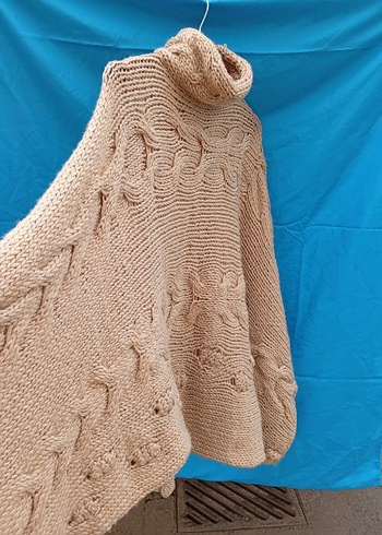 Bej Bohem Uzun Kollu Boğazlı Örgü Panço - Görsel 2