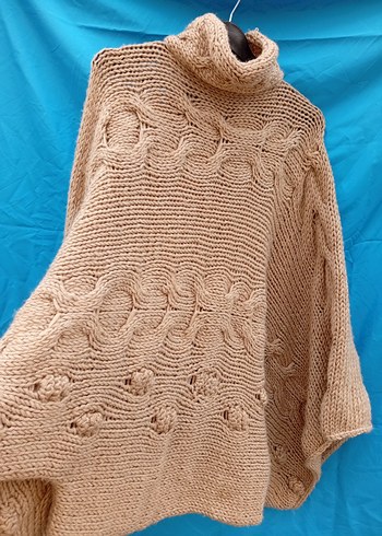 Bej Bohem Uzun Kollu Boğazlı Örgü Panço - Görsel 6