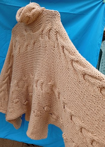 Bej Bohem Uzun Kollu Boğazlı Örgü Panço - Görsel 4