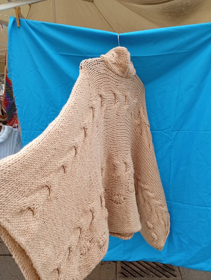 Bej Bohem Uzun Kollu Boğazlı Örgü Panço - Görsel 5