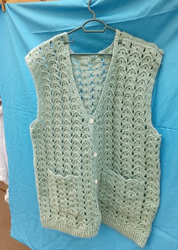 Açık yeşil El Örgüsü Babaanne Yeleği - Görsel 3