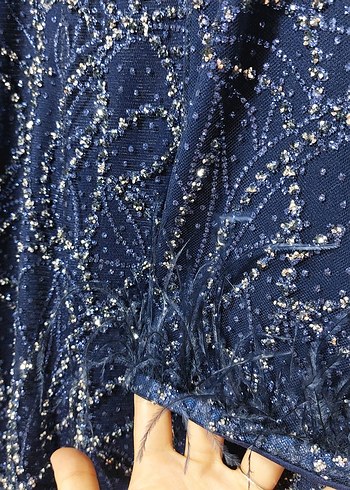 Lacivert İşlemeli Taşlı Tesettür  Abiye - Görsel 4