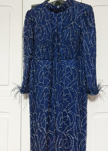 Lacivert İşlemeli Taşlı Tesettür  Abiye - Görsel 3