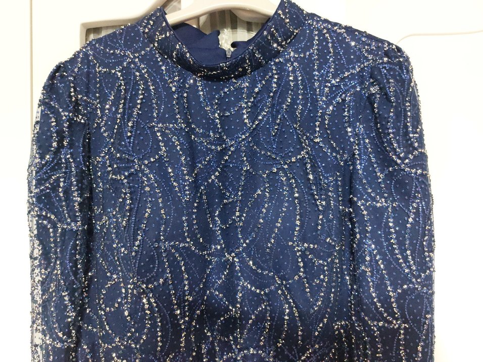 Lacivert İşlemeli Taşlı Tesettür  Abiye - Görsel 2