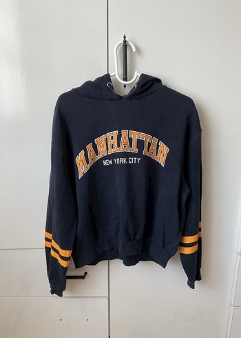 Kapüşonlu Manhattan Baskılı Mavi Sweatshirt - Görsel 2