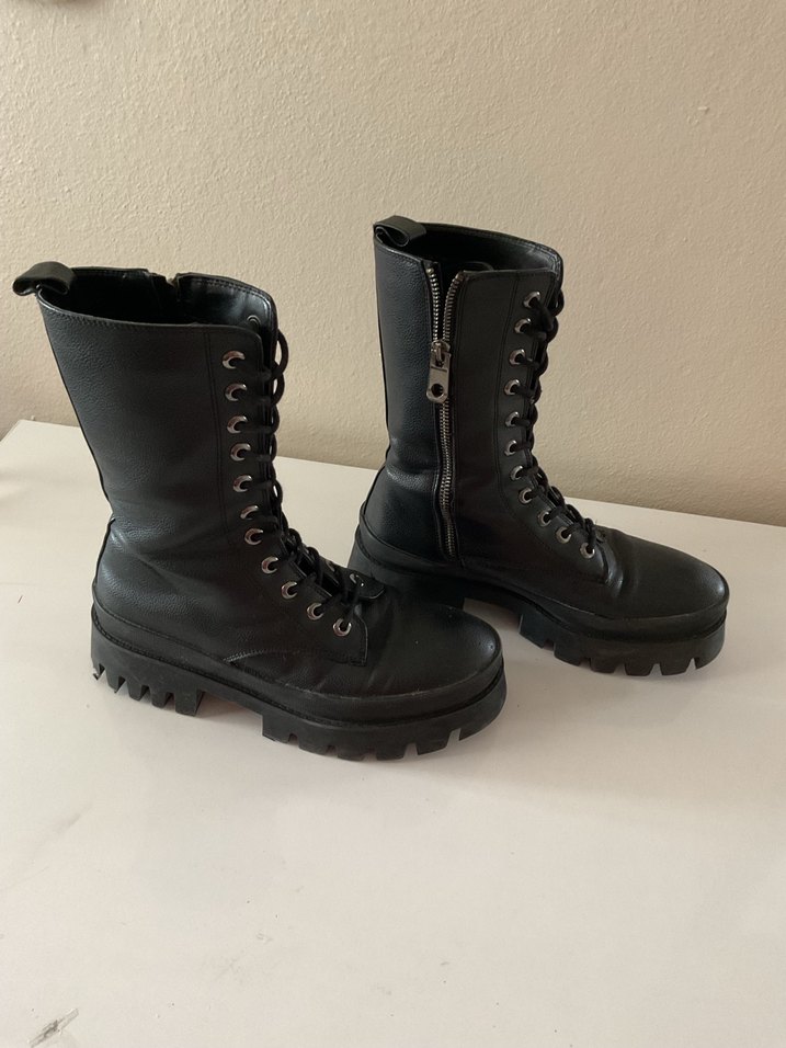 Siyah Deri Platform Topuklu Gotik Botlar - Görsel 4