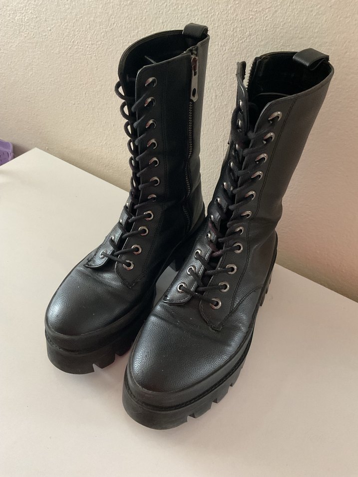 Siyah Deri Platform Topuklu Gotik Botlar - Görsel 2