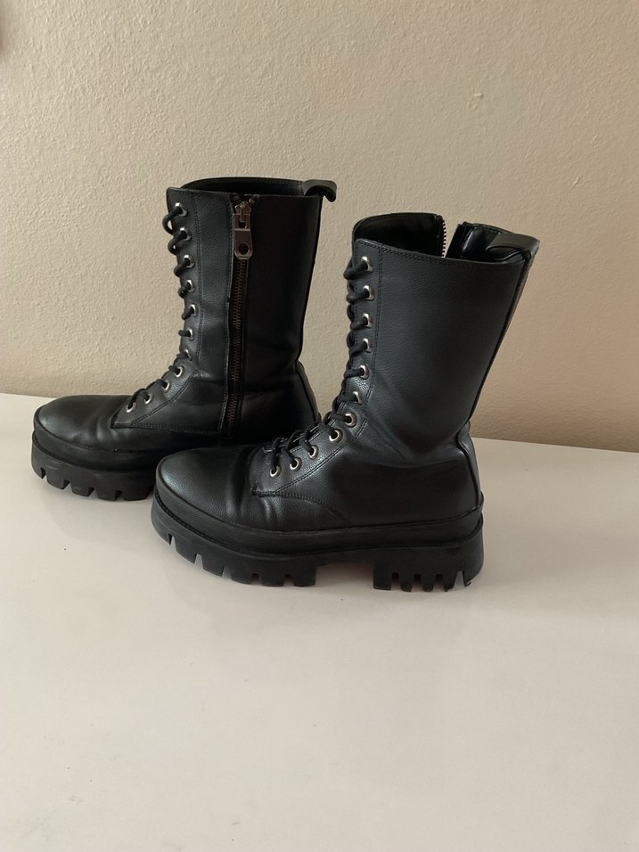 Siyah Deri Platform Topuklu Gotik Botlar - Görsel 5