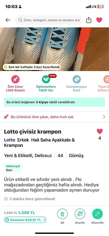 44 Beden turkuaz Renk Lotto çivili halı saha ayakkabısı