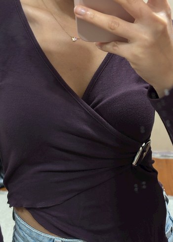 Mor V Yaka Kadın Süet Bluz - Görsel 3