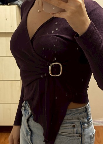 Mor V Yaka Kadın Süet Bluz - Görsel 2