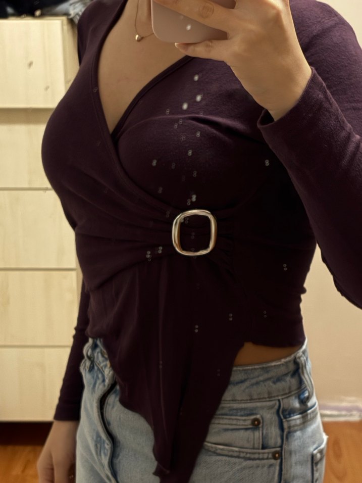 Mor V Yaka Kadın Süet Bluz - Görsel 2