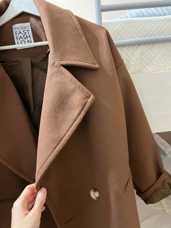 Düğmeli Kahverengi Midi Kadın Kaban - Görsel 3