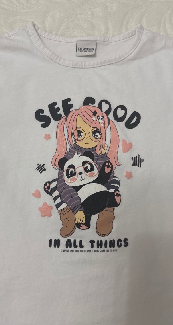 Beyaz Kız Çocuk Uzun Kollu Baskılı Tişört - Görsel 5