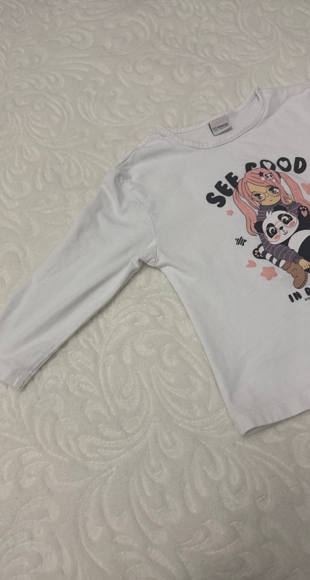 Beyaz Kız Çocuk Uzun Kollu Baskılı Tişört - Görsel 2