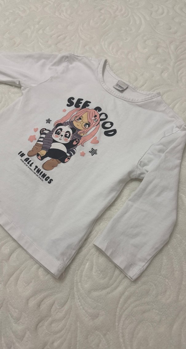 Beyaz Kız Çocuk Uzun Kollu Baskılı Tişört - Görsel 3