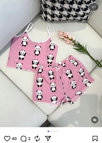 S beden Panda Desenli Mini Askılı Pijama Takımı sıfır