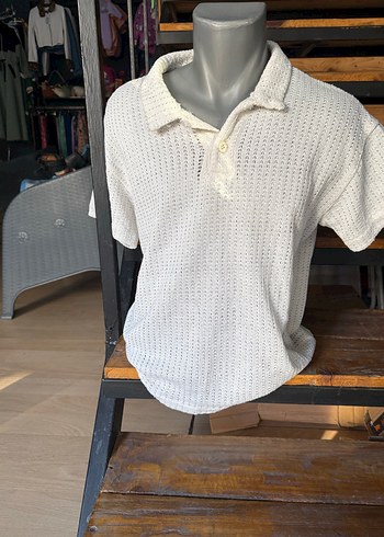 Erkek Örgü Beyaz Polo Tişört m beden - Görsel 15