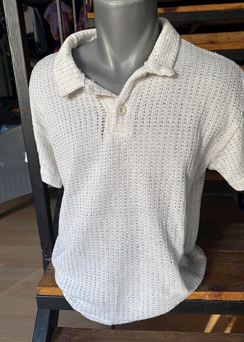 Erkek Örgü Beyaz Polo Tişört m beden - Görsel 13