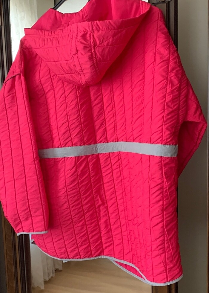 fuşya pembe kapitone mont ceket kapüşonlu M - Görsel 3