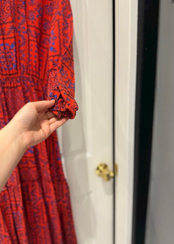 Uzun Kollu Kırmızı Bohem Uzun Elbise - Görsel 4