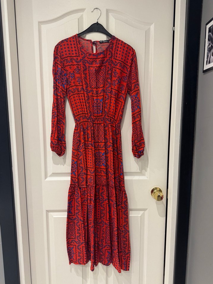 Uzun Kollu Kırmızı Bohem Uzun Elbise - Görsel 3