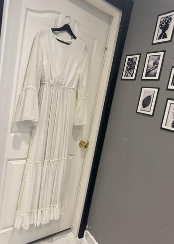 Beyaz Uzun Kollu Bohem Keten Elbise - Görsel 2