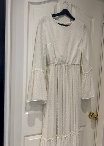 Beyaz Uzun Kollu Bohem Keten Elbise - Görsel 3