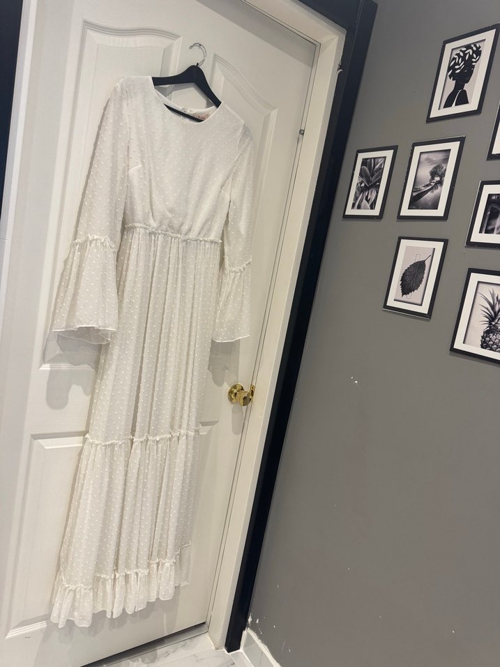 Beyaz Uzun Kollu Bohem Keten Elbise - Görsel 2