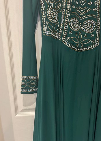 Boncuk İşlemeli Uzun Turkuaz Kadın Abiye - Görsel 4