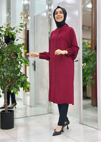 Bordo Uzun Kollu Düğmeli Kadın Tunik