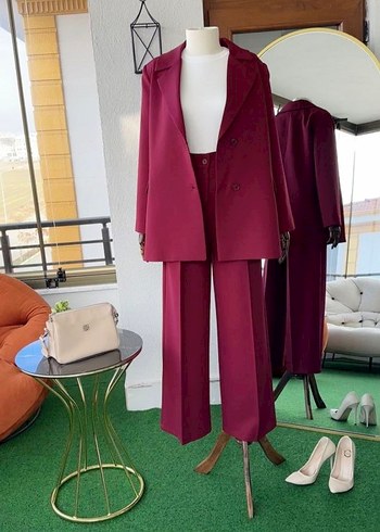 Bordo Kadın Uzun Kollu Düğmeli Takım - Görsel 2