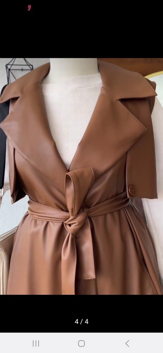 Kahverengi Kemerli Deri Uzun Yelek - Görsel 4