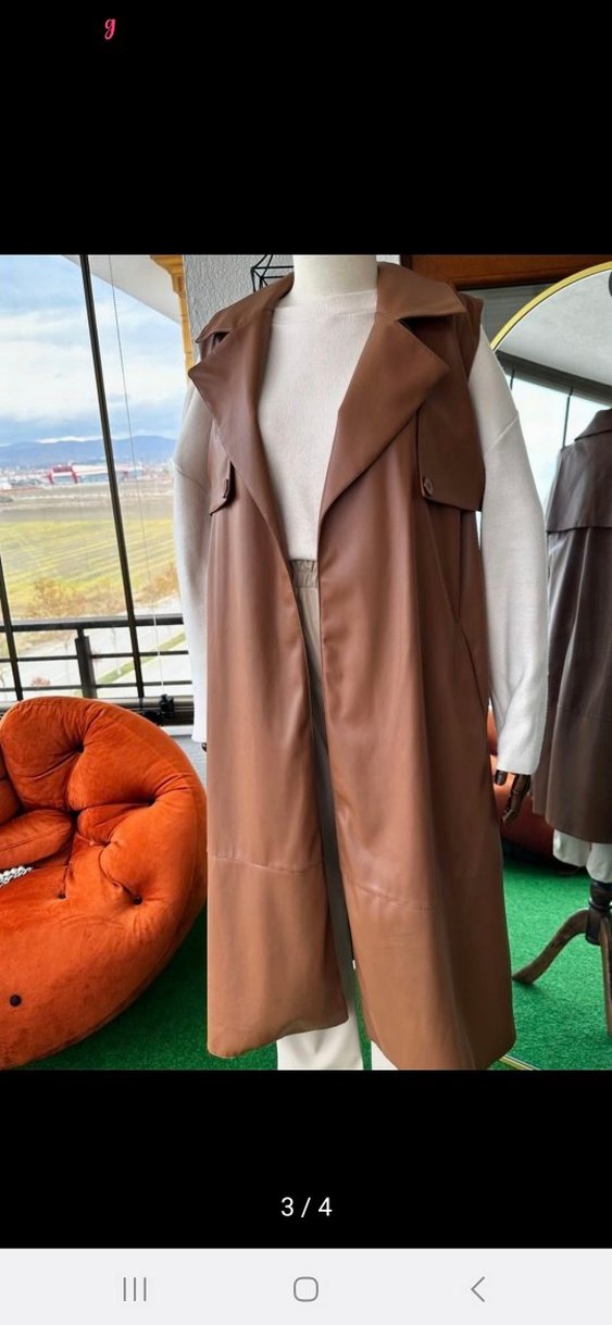 Kahverengi Kemerli Deri Uzun Yelek - Görsel 3