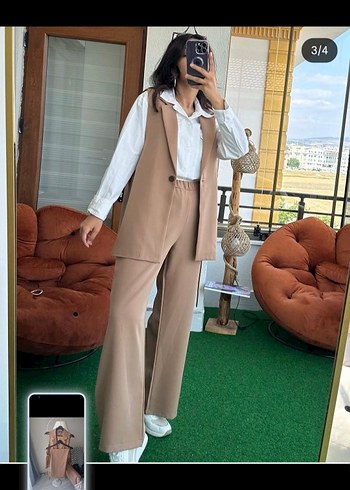 Bej Kemerli Kolsuz Mini Kadın Takım - Görsel 4