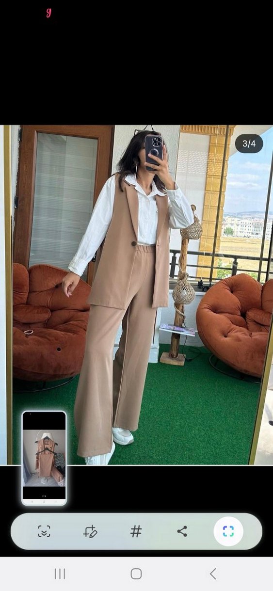 Bej Kemerli Kolsuz Mini Kadın Takım - Görsel 4