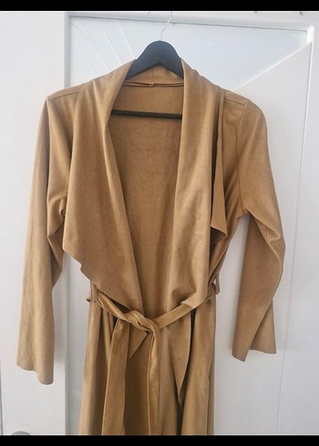 Bej Kadın Süet Kemerli Midi Kaban - Görsel 2