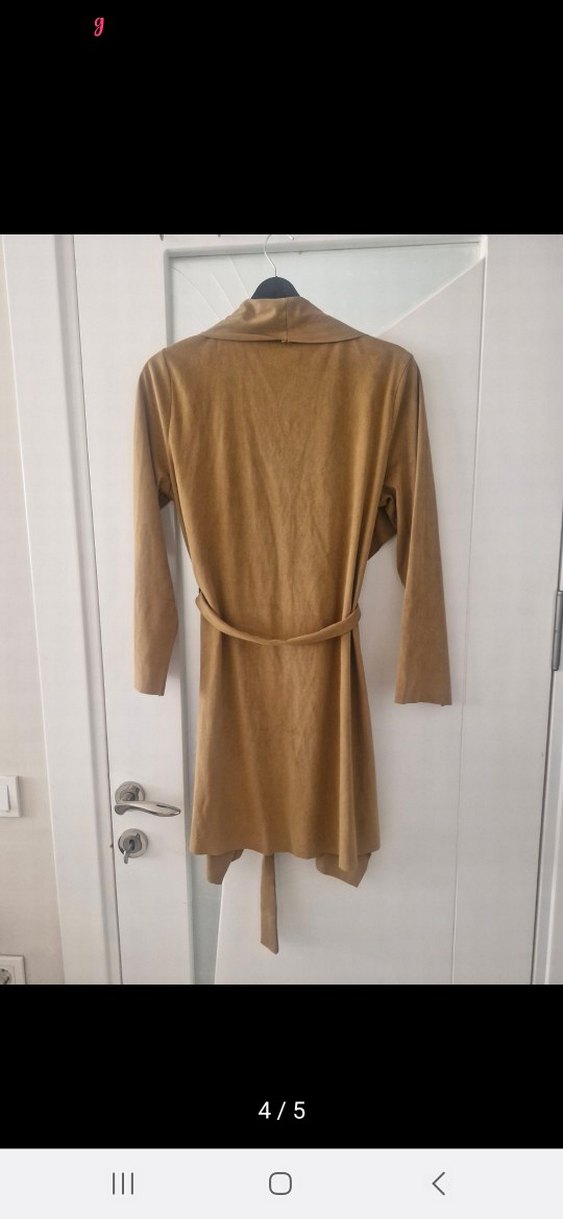 Bej Kadın Süet Kemerli Midi Kaban - Görsel 4