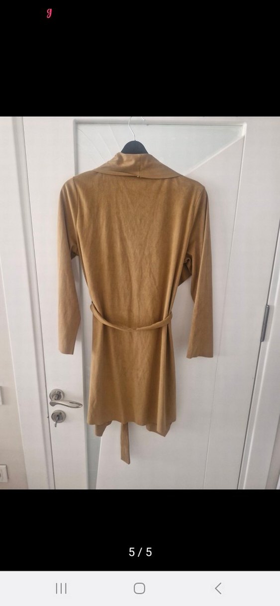 Bej Kadın Süet Kemerli Midi Kaban - Görsel 5