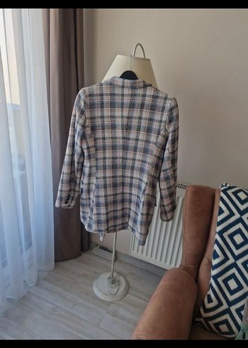 Düğmeli Kısa Kesim Ekose Kadın Blazer - Görsel 5