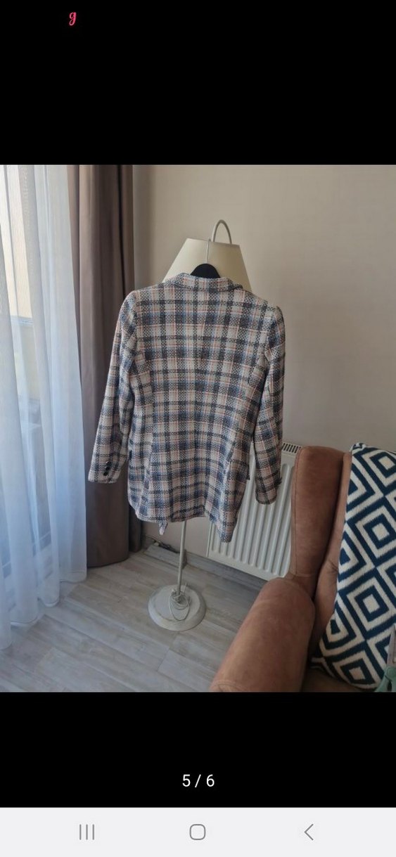 Düğmeli Kısa Kesim Ekose Kadın Blazer - Görsel 5