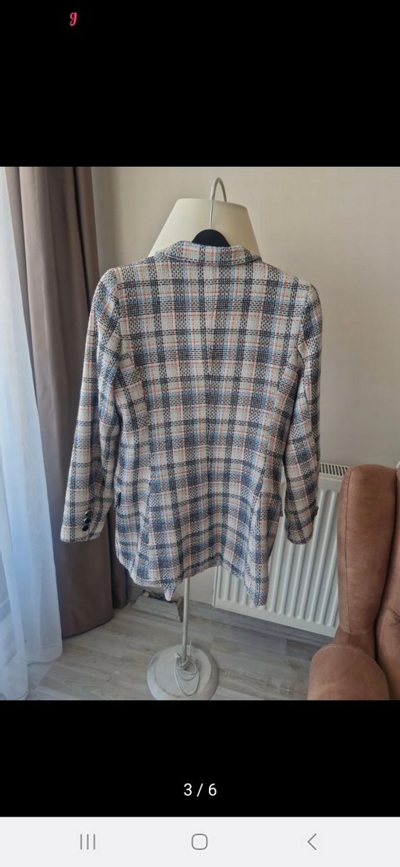 Düğmeli Kısa Kesim Ekose Kadın Blazer - Görsel 3