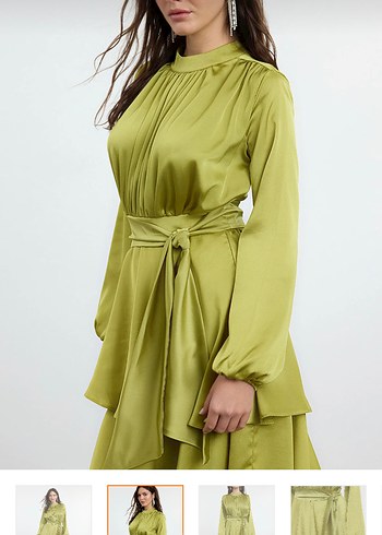 Kadın Trendyolmilla Yağ Yeşili Uzun Piliseli Elbise - Görsel 3