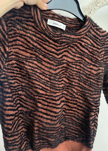 36 Beden Kahverengi Zebra Desenli Kadın Triko Kazak